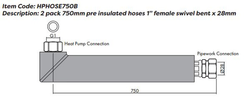 Inta Pre insulated 750mm Heat Pump Hoses 1 Female W Elbow Connection 